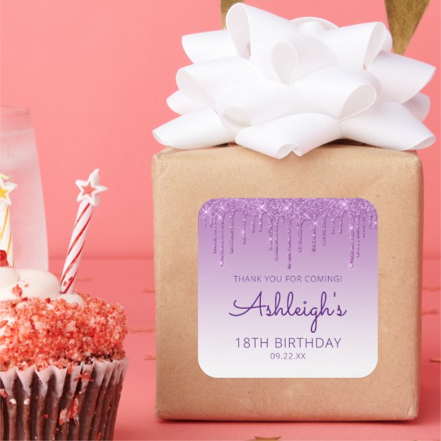 Purple Glitter Drip 18th Birthday Party Thank You Square Sticker (Party)