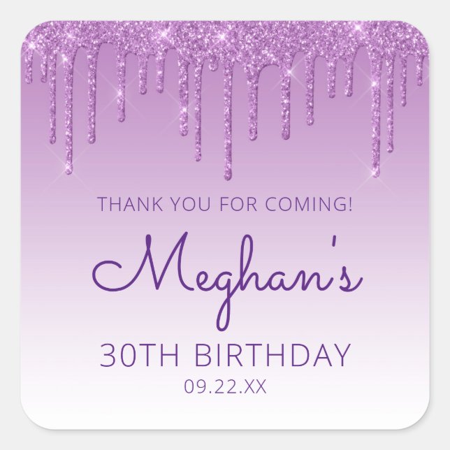 Purple Glitter Drip 30th Birthday Party Thank You Square Sticker (Front)