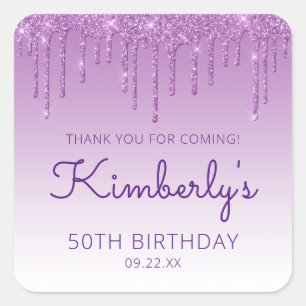 Purple Glitter Drip 50th Birthday Party Thank You Square Sticker