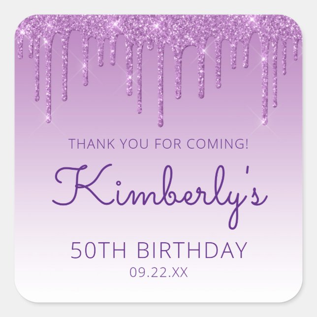 Purple Glitter Drip 50th Birthday Party Thank You Square Sticker (Front)