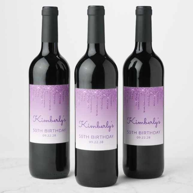 Purple Glitter Drip 50th Birthday Party Wine Label (Bottles)