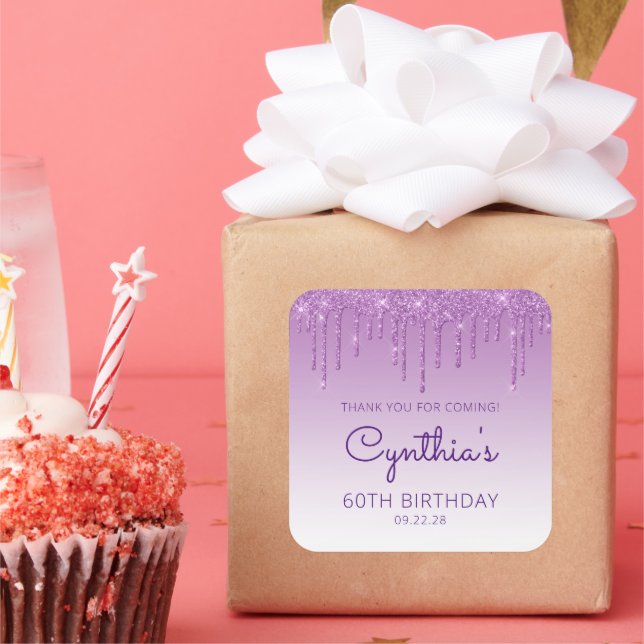 Purple Glitter Drip 60th Birthday Party Thank You Square Sticker (Party)