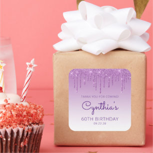 Purple Glitter Drip 60th Birthday Party Thank You Square Sticker