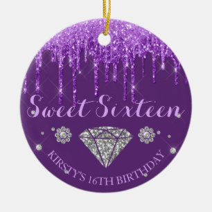 Purple Glitter Drip Diamond Sweet Sixteen Ceramic Tree Decoration