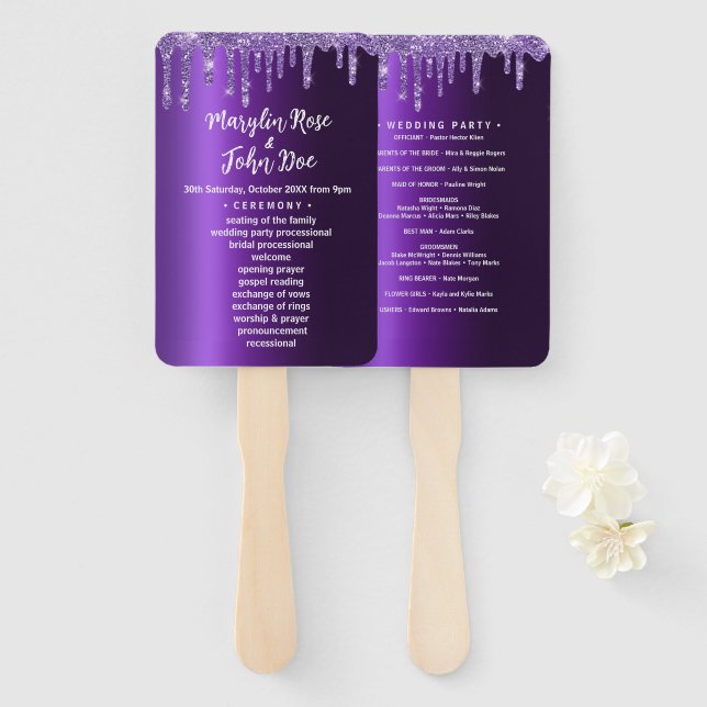 PURPLE GLITTER DRIP ELEGANT WEDDING  HAND FAN (Front and Back)