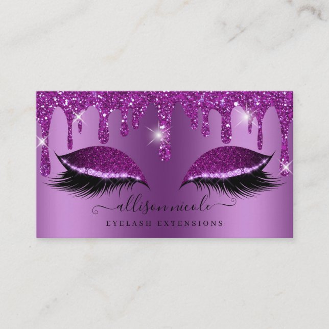 Purple Glitter Drip Metallic Foil Eyelash Business Card (Front)