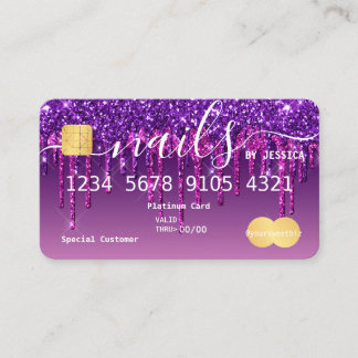 Purple Glitter Drip Nails Credit Business Card
