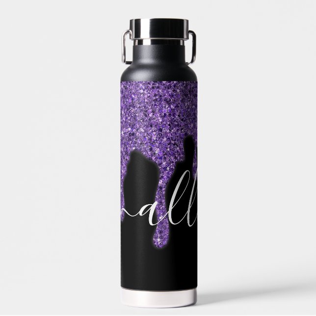 Purple glitter drip personalised  water bottle (Front)