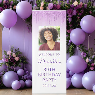 Purple Glitter Drip Photo 30th Birthday Party Retractable Banner