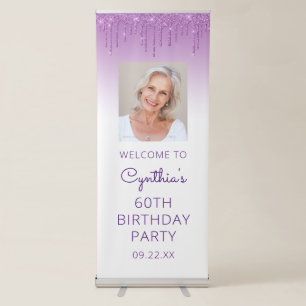 Purple Glitter Drip Photo 60th Birthday Party Retractable Banner