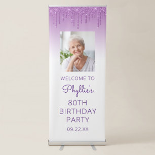Purple Glitter Drip Photo 80th Birthday Party Retractable Banner