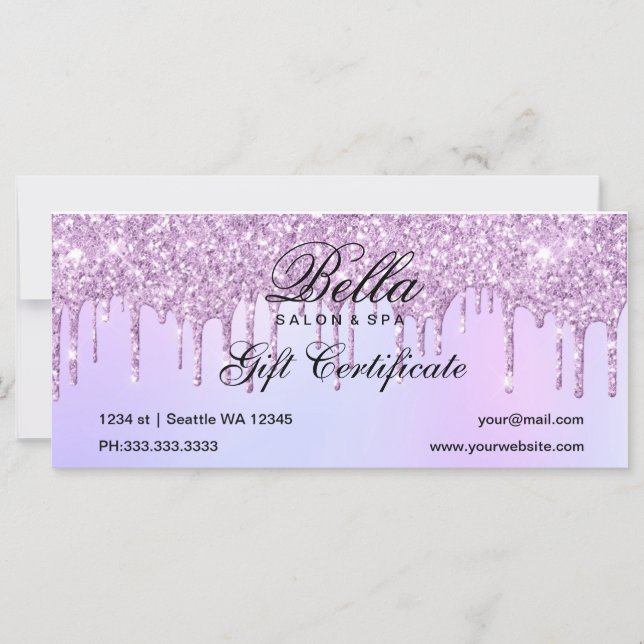 Purple Glitter Drip Salon and Spa Gift Certificate (Front)