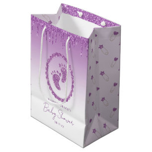 Purple Glitter Drips Baby Shower Feet  Medium Gift Bag