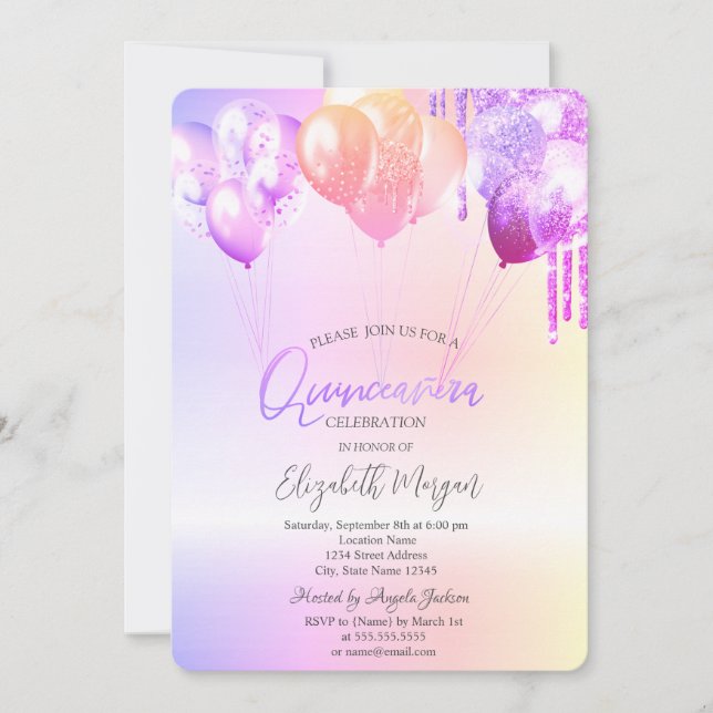 Purple Glitter Drips Balloons Silver Quinceañera Invitation (Front)
