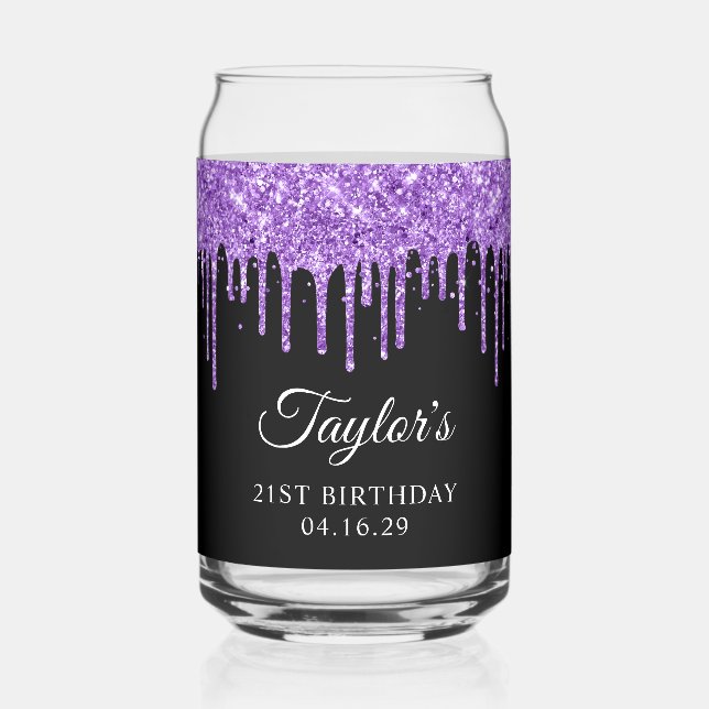 Purple Glitter Drips Black 21st Birthday Can Glass (Front)