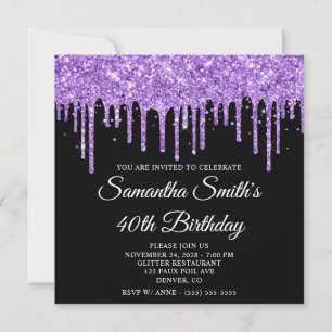 Purple Glitter Drips Black 40th Birthday Invitation