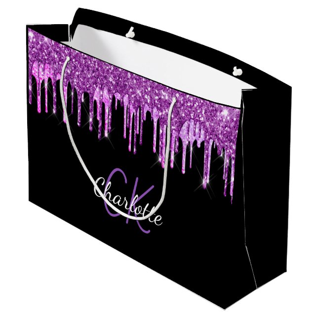 Purple glitter drips black pink monogram sparkle large gift bag (Back Angled)