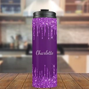 Purple glitter drips custom monogram name thermal tumbler