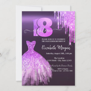 Purple Glitter Drips Dress 18th Birthday Party Invitation