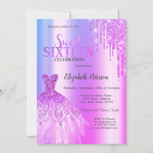 Purple Glitter Drips,Dress Violet Sweet 16 Invitation (Front)