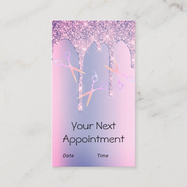 Purple glitter drips holographic scissors hair appointment card (Front)