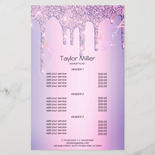 Purple glitter drips holographic scissors hair flyer (Front)