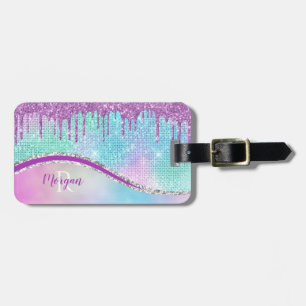 Purple Glitter Drips, Iridescent, Name & Monogram Luggage Tag