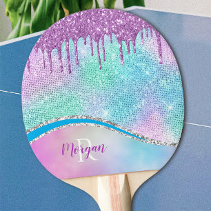 Purple Glitter Drips, Iridescent, Name & Monogram Ping Pong Paddle