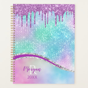 Purple Glitter Drips, Iridescent, Name & Monogram Planner