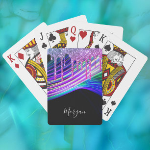 Purple Glitter Drips, Light Rays, Name on Black Playing Cards