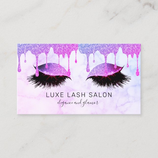 Purple Glitter Drips Makeup Artist Lashes Business Card (Front)
