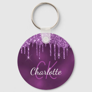 Purple glitter drips monogram initials elegant key ring