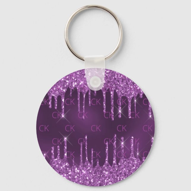 Purple glitter drips monogram initials elegant  key ring (Front)