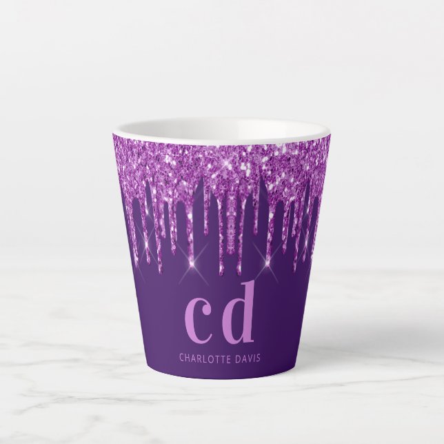 Purple glitter drips monogram initials name latte mug (Front)