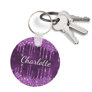 Purple glitter drips monogram initials name luxury key ring