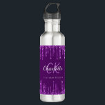 Purple glitter drips monogram name 710 ml water bottle<br><div class="desc">A deep purple background with elegant purple faux glitter drips,  paint drip look. White coloured text. Personalise and add your first name,  monogram letter and full name. The first name is written with a white hand lettered style script.</div>