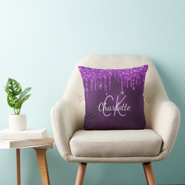 Purple glitter drips monogram name cushion (Chair)