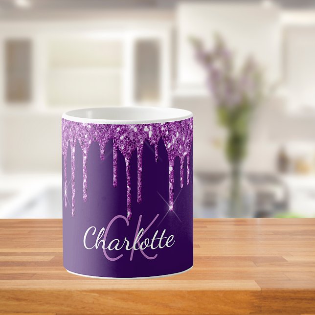 Purple glitter drips monogram name script  coffee mug (Creator Uploaded)