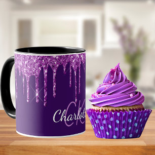 Purple glitter drips name monogram initials script mug