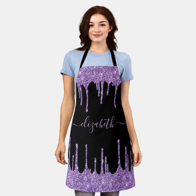 Purple Glitter Drips Personalised Black Apron (Worn)
