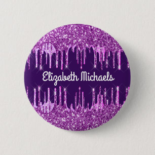 Purple glitter drips pink custom name tag  6 cm round badge