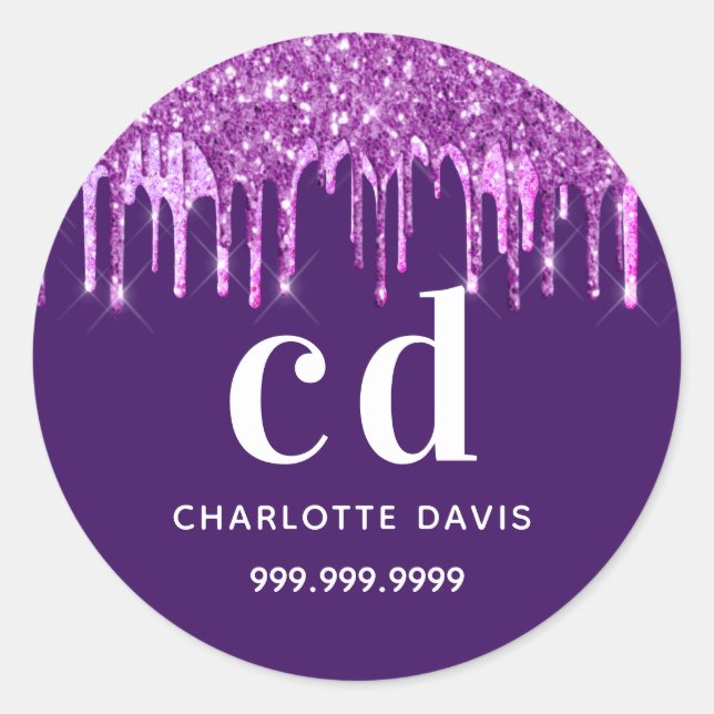 Purple glitter drips pink name classic round sticker (Front)