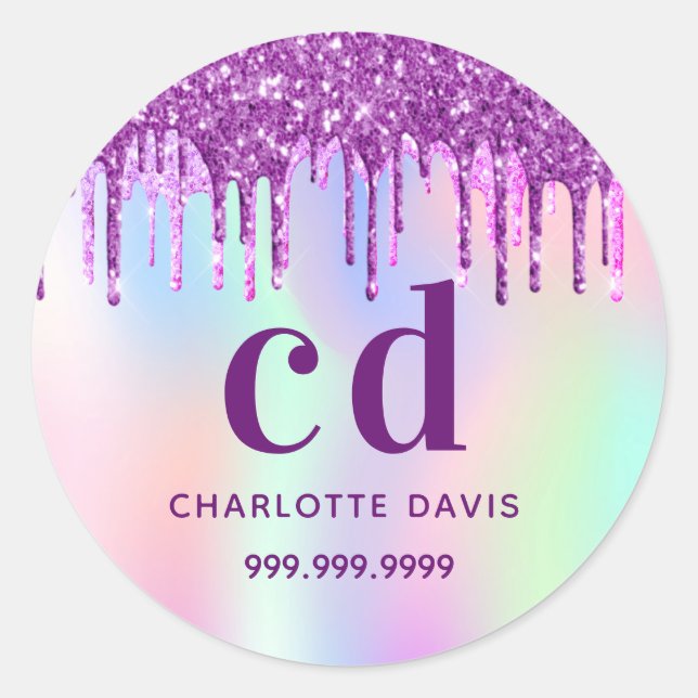Purple glitter drips pink name holographic classic round sticker (Front)