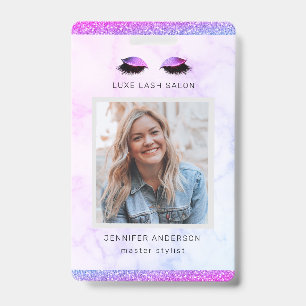 Purple Glitter Drips Salon Logo Photo Stylist ID Badge
