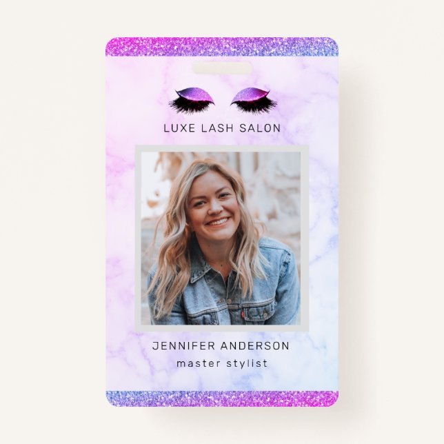 Purple Glitter Drips Salon Logo Photo Stylist ID Badge (Front)