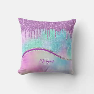 Purple Glitter Drips & Sparkle, Name & Monogram Cushion