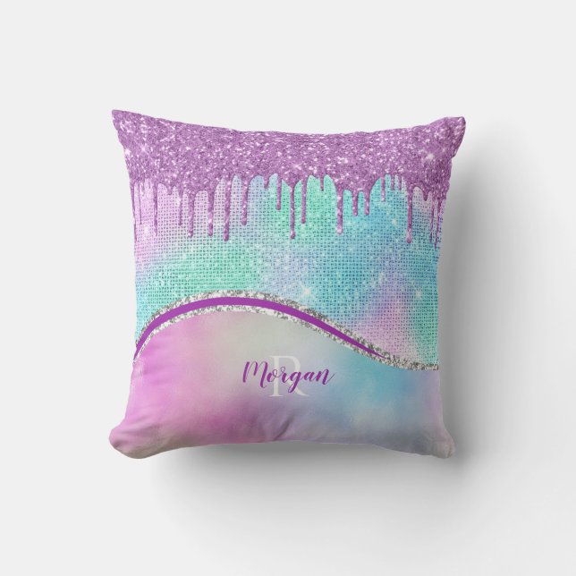 Purple Glitter Drips & Sparkle, Name & Monogram Cushion (Front)