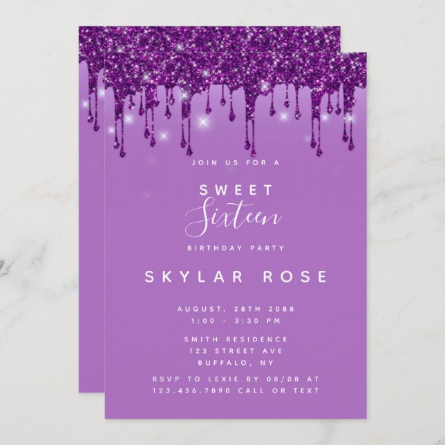 Purple Glitter Drips Sweet Sixteen Birthday Party Invitation (Front/Back)