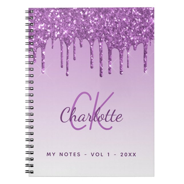 Purple glitter drips violet monogram luxury notebook (Front)