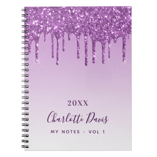 Purple glitter drips violet monogram notebook (Front)